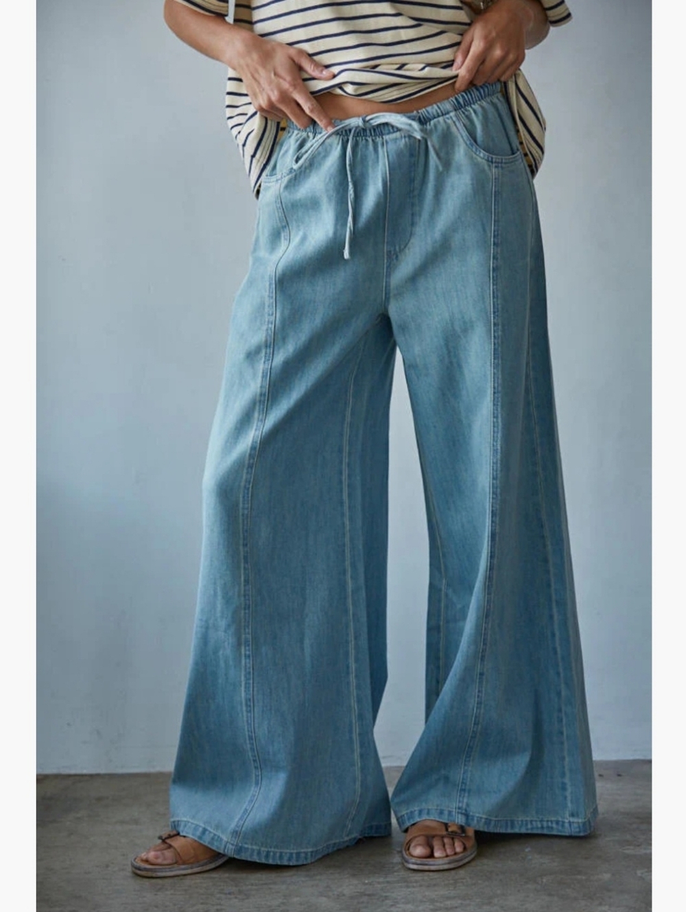 By Together Light Blue Wide-Leg Denim Jeans with Drawstring